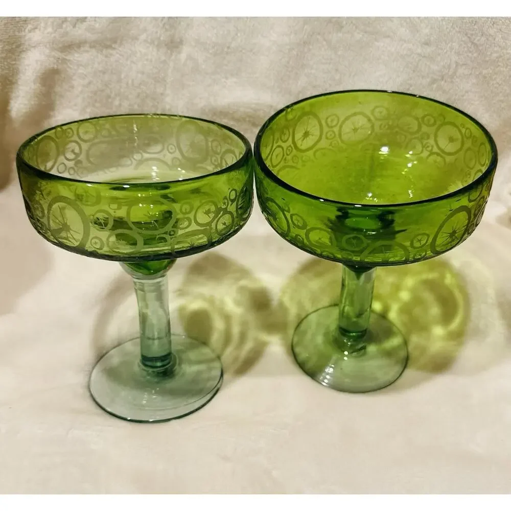 Authentic Mexican Hand Blown Green Margarita Glasses Set of 2 Limes Barware
